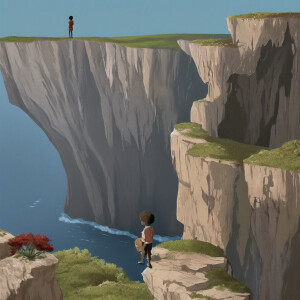 An image of a little African American boy standing on the edge o...