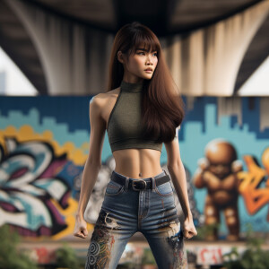 Very thin Athletic Thin skinny Attractive, Asian teenage girl, long brown hair and bangs, wearing tight skinny jeans and a halter top paint marks on her clothing, heroic sideways pose Asian graffiti background