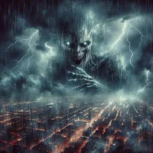 Double exposure horror thunderstorm heavy rain drops entity