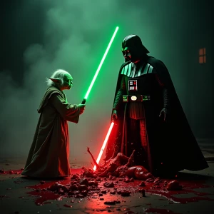 A striking, dark fantasy cinematic poster featuring yoda wieldin...