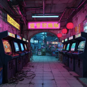 A vibrant neon-lit arcade hallway in a cyberpunk style, illustra...