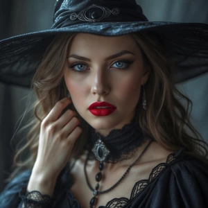 Elegant witch with an enchanting aura, facing forward, exuding m...