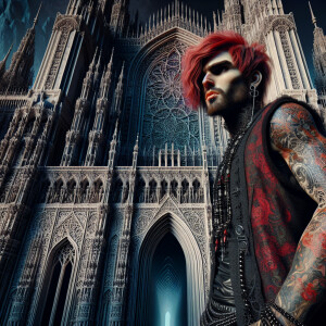 Red Headed Gothic Man with Tattoos with a Cathedral in the backg...
