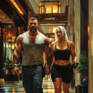 Digital painting.A sweaty  man walking with his 54 year old moth...