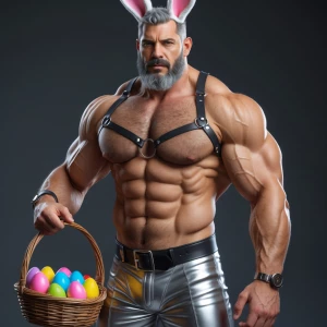 Create a depiction of a muscular man with bunny ears and a baske...