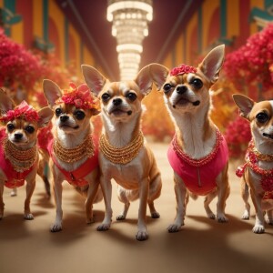 Create a 3D animation in 8K Ultra HD featuring Chihuahuas dresse...