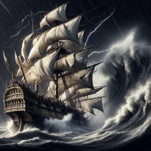 A majestic wooden ship battles against the raging storm, its sai...