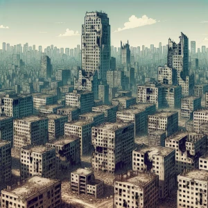 A vast, abandoned cityscape. Crumbling buildings fill the enviro...