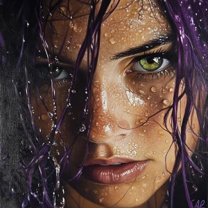a striking close-up portrait of a caucasian woman, with wet purp...