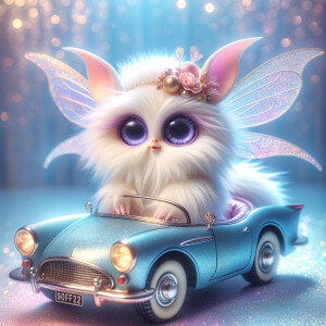 Imagine a whimsical, fluffy creature with large, sparkling purpl...