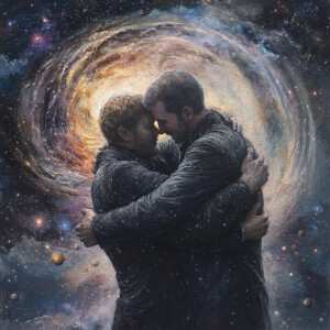Imagine the cosmos as two men, each representing different aspec...