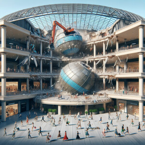 A major, two level shopping mall is being demolished while custo...