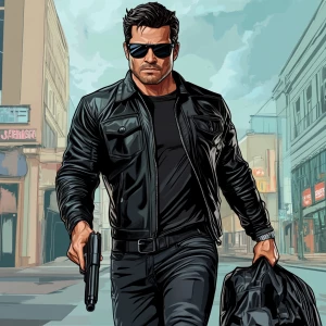 A muscular man with a five o'clock shadow, short dark hair, and...
