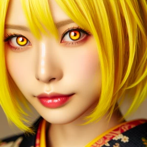 Japanese woman with yellow hair and orange eyes
