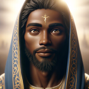 Create a African-American Christian Jesus, with brown eyes, wearing a blue and gold robe