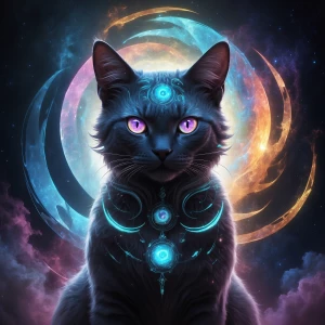 A surreal, ultra-detailed digital painting of a mysterious cat w...