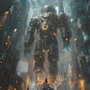 In an otherworldly holo-deck scenario, a towering figure of a mechanical golem with intricate clockwork gears and glowing runes etched into its metallic surface looms over a labyrinthine urban setting. The image, a digital painting, captures the golem amidst a backdrop of avant-garde cityscape designs and abstract geometric shapes. The details shimmer with a surreal brilliance, from the shimmering bronze hues of the golem's body to the pulsating neon lights that dance across the architecture. This high-definition image immerses the viewer in a mesmerizing fusion of ancient mysticism and futuristic urban chaos.