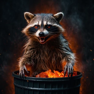 Anthropomorphic racoon  in a trashcan, glowing fiery orange eyes...