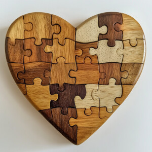A wooden puzzle shaped like a heart with interlocking pieces, se...