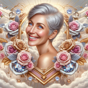 A horizontal portrait of a thi, smiling heavier curvy
set 80-ye...
