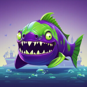 Cute giant purple and neon green piranha