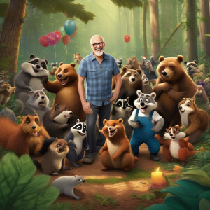 Generate a photorealistic image of a birthday party in a dense f...