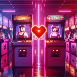 /imagine prompt: cinematic 1980s neon arcade, two vintage arcade...