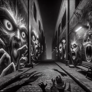 "Craft an image titled 'Gothic Graffiti NIGHTMARE,' where a hyper-realistic gothic landscape dominates a dystopian urban alley. The scene is a fusion of dramatic and surreal elements, with sprawling graffiti that twists and warps across the walls in morphing, monstrous forms—each stroke alive with a psycho horror vibe. Amidst this cinematic chaos, hyper-realistic details pull viewers into the nightmare: eyes peer from the shadows, and grotesque faces blend into the dark brick, their expressions a haunting fusion of dread and despair. Shadows deepen the drama, creating an atmosphere thick with tension and unease, embodying a world where reality melds with nightmarish imagination."