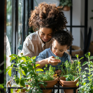 A modern young brown mother having a small herb garden with her...