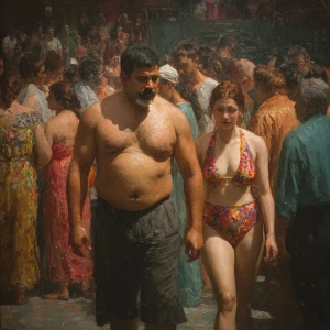 hyperrealism painting,a muscular beefy kashmiri man walking ,wit...