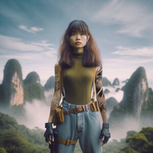 Thin Asian teen girl wearing tight jeans and a halter top Long brown hair and bangs, tattoos on her arms, athletic heroic pose