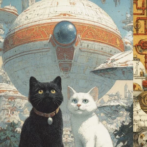 front of old card showcasing a black kitten and a white kitten....