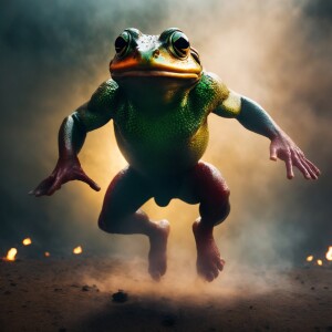 a hyper-realistic portrait of a jumping evil Anthropomorphic fro...