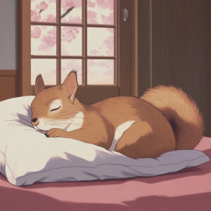 Cartoon, a squirrel sleeping on his pillow at home --sref 257788...