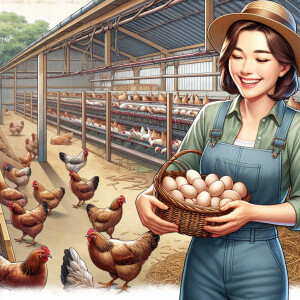 Can you create an image of a lady happily selling fresh eggs wit...