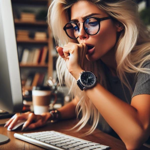 Blonde woman coughing and wearing a watch and bloging