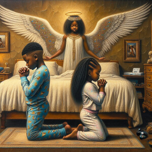 An oil painting of two African-American children with dark skin,...