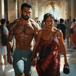 Photorealism,A sweaty tattoed muscular  man walking with his 50...