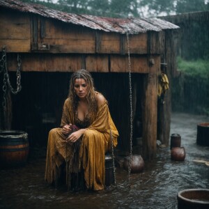 A drenched Wench clothes torn, squatting,  chained to a feeding...