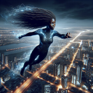 A Nigerian female with long flowing energized hair in flight nam...