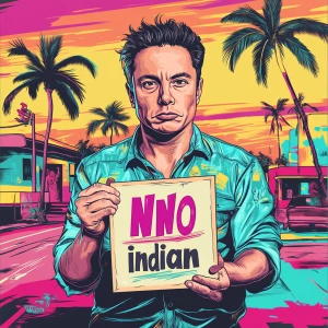 Elon Musk in GTA art style,  hold poster with text "no indian",...