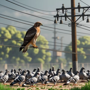 Red-shouldered hawk perched on a high-tension wire, attentively observing a flock of pigeons feeding on the ground beneath it.