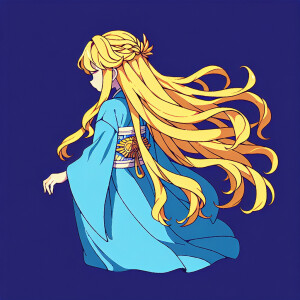 Hot blonde in blue dress, long blonde hair, 2000s anime style