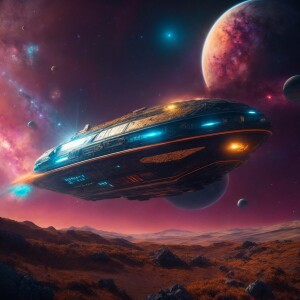 A spaceship gracefully soaring past distant planets in uncharted...