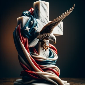 Marble cross with an American flag draped over it. A eagle flys...