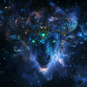 Create an image of a Taurus goddess with green eyes and head jew...