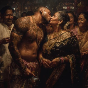 Realism,photo painting.a muscular beefy sweaty tattoed indian ma...