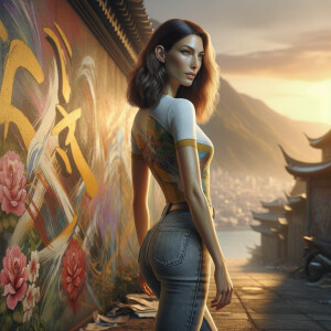 Athletic Thin skinny Attractive, Asian teenage girl, long brown hair and bangs, wearing tight skinny jeans and a halter top paint marks on her clothing, heroic pose Asian graffiti background, backside view