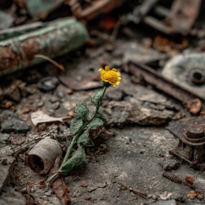 Metal debris around one small flower with a green stem and yello...