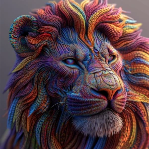 Create a 3D-rendered 8k UHD image of a lion with an extremely detailed, oversized psychedelic mane, incorporating vibrant colors and intricate patterns to emphasize a professional level of detail.